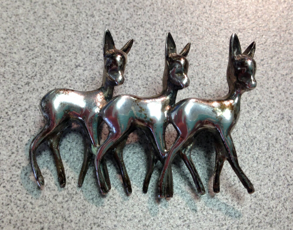 Vintage Sterling Silver Three Deer in a Row Brooch 925 Pin 1.5"
